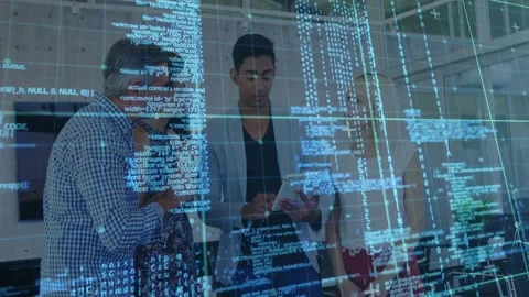 Presenter tapping tablet and team discussing tech demo in office, blue code grid Stock Footage 333061086