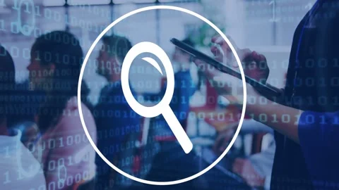 Presenter tapping tablet causing binary-code magnifier filling classroom for Stock Footage 333414062