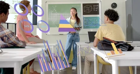 Presenter tapping tablet for education lesson animating circle and pyramid Stock Footage 317592204