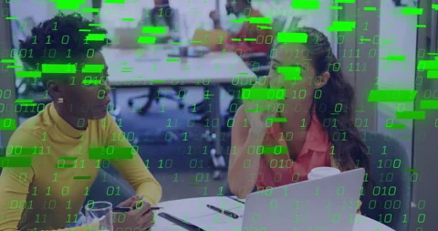 Presenter unfolding laptop to discuss tech data, green binary code drifting Stock Footage 309723424