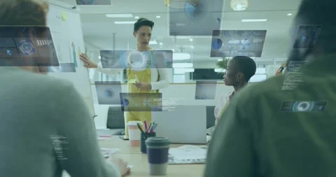Presenter using marker at flip chart sketch and initiating floating panels for Stock Footage 328244312