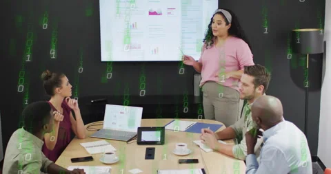 Presenter using pointer highlighting charts and activating green code overlay in Stock Footage 316089771