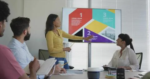 Presenter using pointer showing three-part infographic on screen at conference Stock Photos