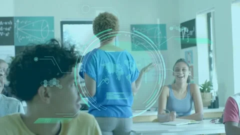 Presenter walking rows class holding tablet, ring HUD enhancing math lesson and Stock Footage 334321980