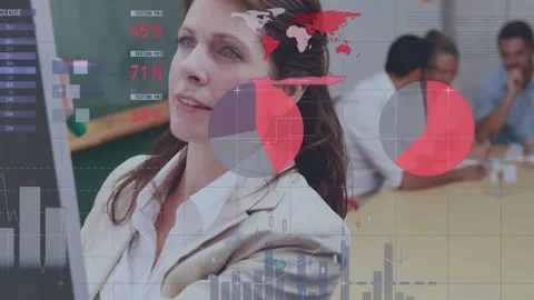 Presenter writing on board and causing data charts and percent text to grow, Stock Footage 332289970