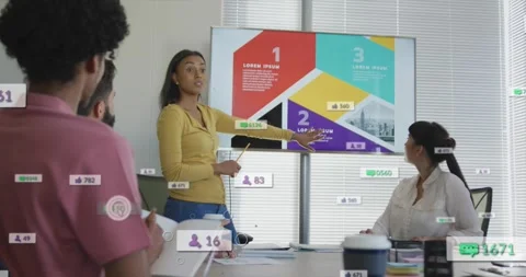 Presenter in yellow pointing at infographic and explaining business plan while Stock Footage 329812402