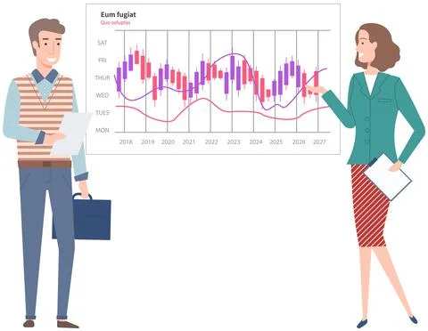 Presenters show statistical indicators and data on diagram. Colleagues giving イラスト素材