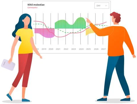 Presenters show statistical indicators and data on diagram. Colleagues giving Stock Illustration