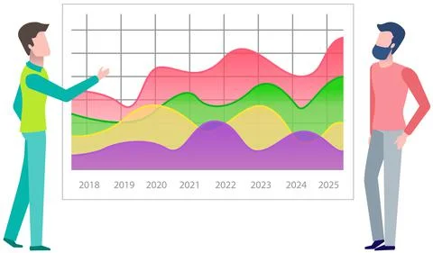 Presenters show statistical indicators and data on diagram. Colleagues giving Stock Illustration