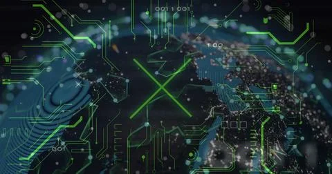 Presenting 3D globe glowing with neon circuitry, binary code and X symbol over イラスト素材