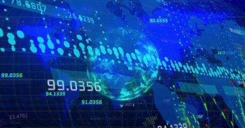 Presenting 3D globe rotating on data dashboard, world map, dotted line chart and Illustrazione stock