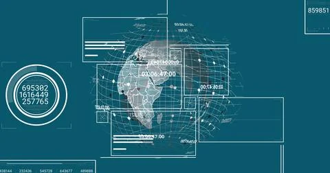 Presenting 3D globe showing data nodes on interface panels with gridlines and Illustrazione stock