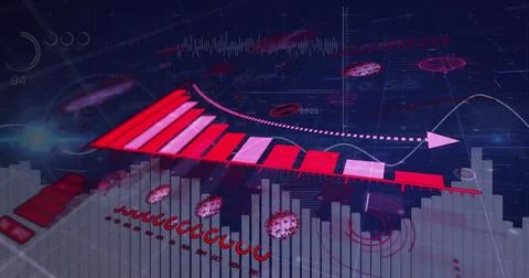 Presenting 3D red downward bar chart with dotted trend arrow over grid Stock Photos