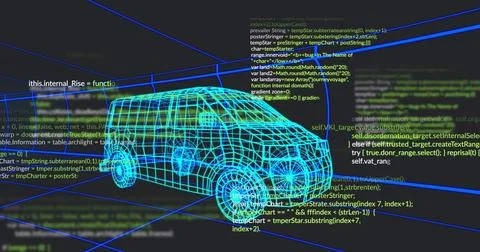 Presenting 3D turquoise van model rotating in virtual interface, with neon blue Stock Illustration