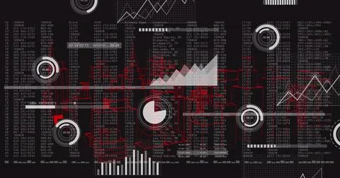 Presenting analytics dashboard on screen with circular gauges, central pie chart Stock Photos