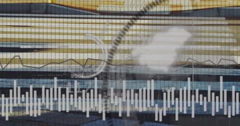 Presenting analytics on panel at facade, white bar chart, data bands, grid ring Foto stock