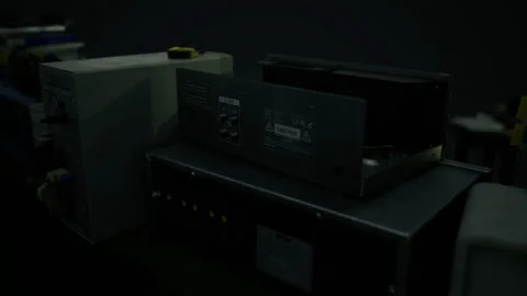 Presenting arrangement of amplifier modules including wiring and knobs Stock Footage 341831061