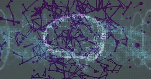 Presenting brain network forming by pixel blocks in gray grid, with purple nodes Stock Illustration