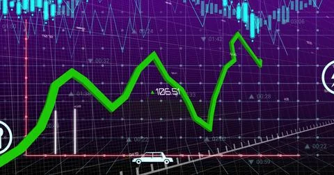 Presenting bright green zigzag trend line rising and falling on trading screen, Stock Photos