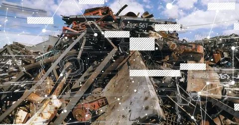 Presenting central scrap pile being overlaid by network graphics in scrapyard, Stock Photos