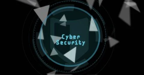 Presenting central shield icon on interface featuring floating triangles and Illustrazione stock