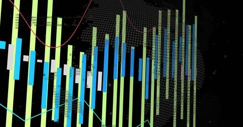 Presenting chart on tech dashboard showing vertical bar charts, red teal lines Stock Illustration