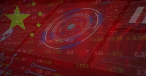 Presenting Chinese market visual on digital dashboard, showing flag, radial HUD, Stock Illustration