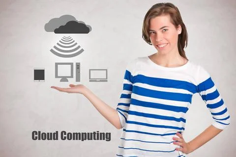Presenting Cloud Computing Young woman standing with her hand outstretched... Stock Photos