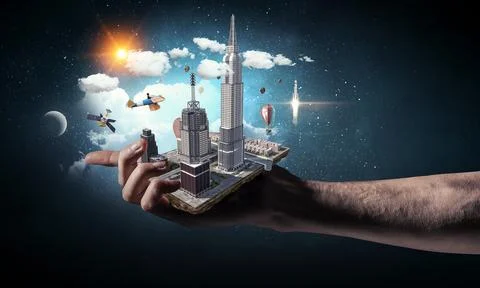 Presenting construction development project . Mixed media Stock Photos