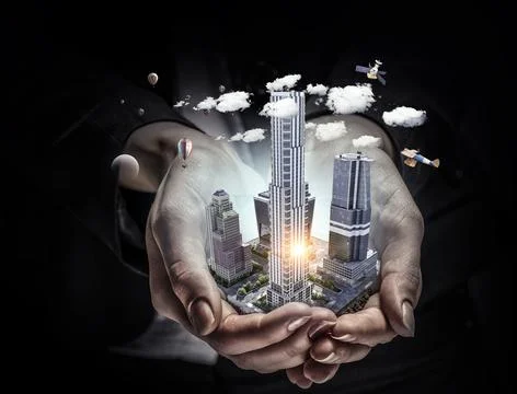 Presenting construction development project . Mixed media Stock Photos