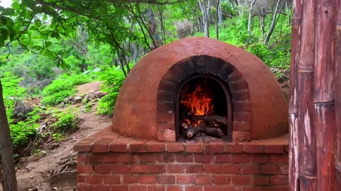 Presenting a crafted rustic outdoor brick oven with fire in a villa of Stock Footage 328649598