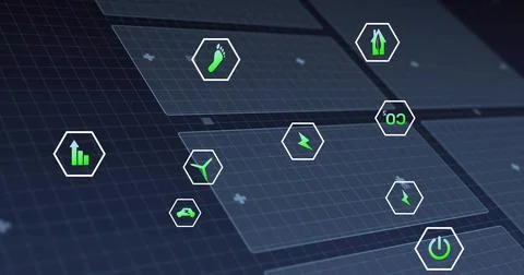 Presenting dashboard on dark blue grid, showing panels with floating hexagonal Stock Illustration