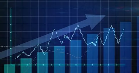 Presenting dashboard showing bar charts, line graph and grid lines on-screen, Stock Photos