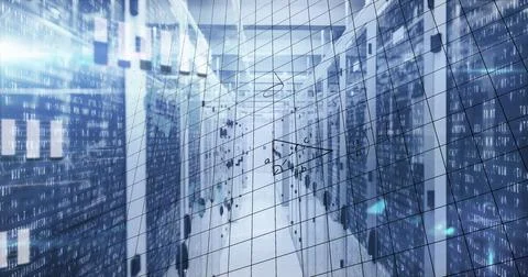 Presenting data center corridor lined with server racks and network cables, Foto stock