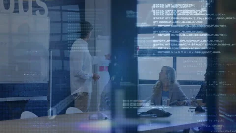 Presenting data to colleagues in office, digital code processing over animation Stock Footage 308901958