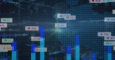 Presenting data dashboard with rising blue bar charts and social media icons on Stockillustratie