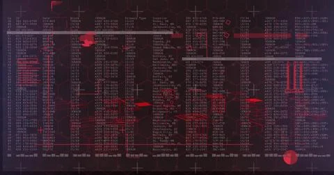 Presenting data interface on terminal with tables line graphs 3D shapes hex grid 스톡 사진