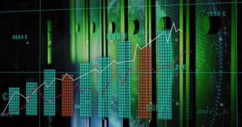 Presenting data visualization overlaying grid over green-lit racks, showing bars 스톡 사진