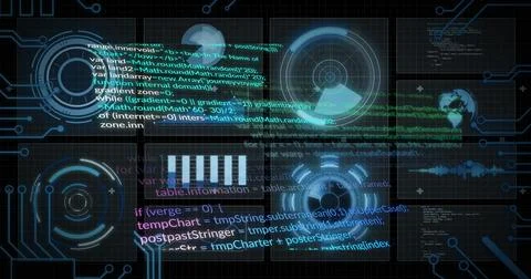 Presenting digital HUD interface streaming code over grid backdrop, with bar 写真素材