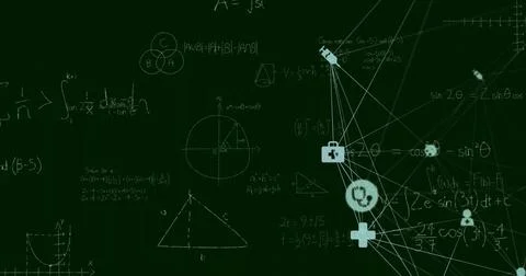 Presenting digital network linking medical icons over chalkboard formulas and Stock Illustration