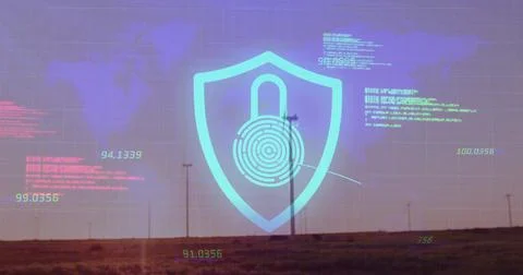 Presenting digital shield with padlock and fingerprint glowing on dusky plain Stock Illustration