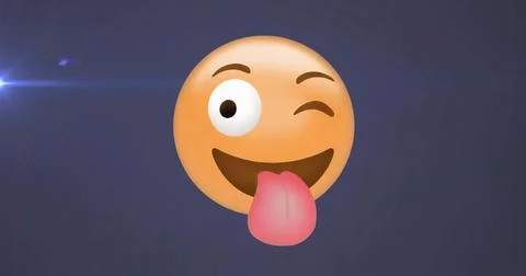 Presenting digital winking face emoji floating on bluish-gray gradient backgr Stock Illustration
