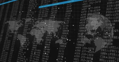 Presenting dotted world map overlay with thin blue line on command center Stock Photos