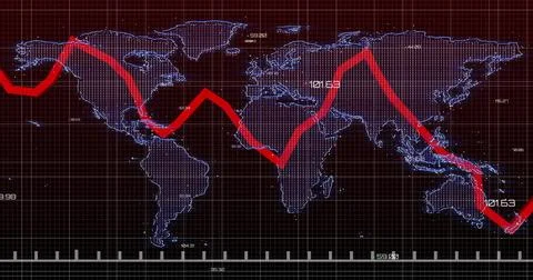 Presenting dotted world map with red zigzag trend line on dark red grid, with Stock Illustration