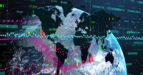 Presenting Earth globe with data overlays in space, with candlesticks, line 스톡 일러스트