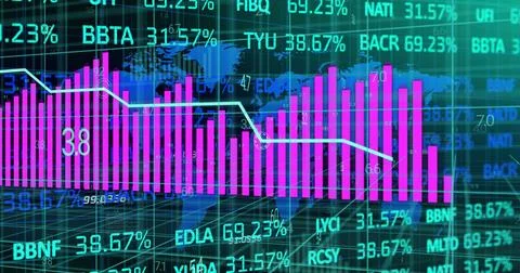 Presenting financial magenta bars floating over 3D grid with trend line, tickers 스톡 일러스트