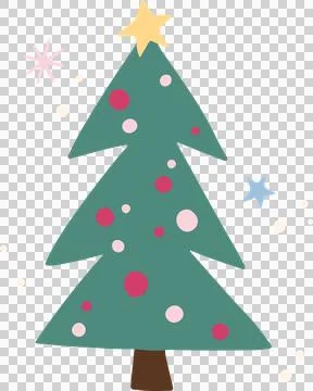 Presenting flat design evergreen tree with red ornaments and pastel stars on Illustrazione stock