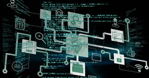 Presenting flow diagram showing floating icons from calculator to computer Stock Illustration