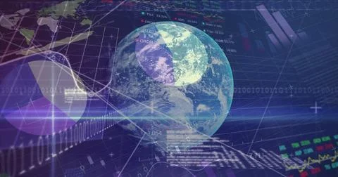 Presenting globe rotating in dark interface, showing pie, bar and line charts 写真素材