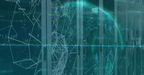 Presenting glowing data globe with network nodes in data center, showing LED Illustrazione stock